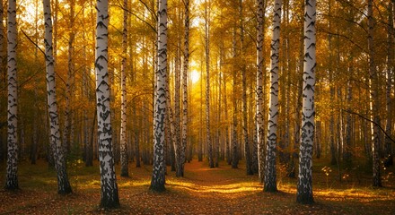 Obraz premium Golden Birch Forest Path: An Autumnal Wonderland