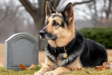 A military dog sitting beside a fallen comrade grave