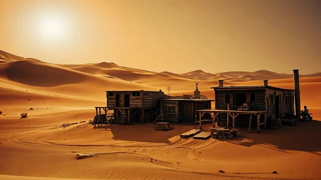 Cinematic desert outpost at sunset, rustic architecture in golden light