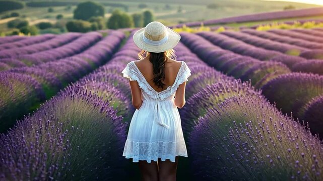 Young woman in white dress and straw hat walking in the lavender field in summer