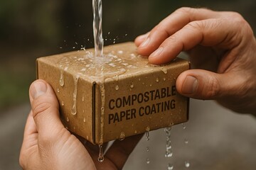 Hands holding a water-resistant compostable paper box.