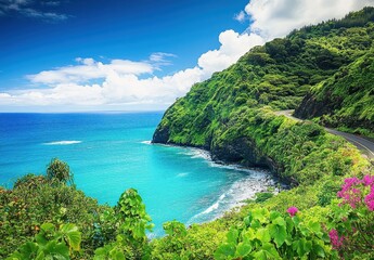 Naklejka premium Serene Coastal Landscape with Lush Green Cliffs, Vibrant Blue Ocean and Scenic Road Alongside Tropical Paradise in Bright Daylight