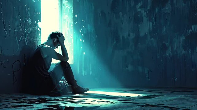 Man in despair sitting alone in dark room with light shining through window