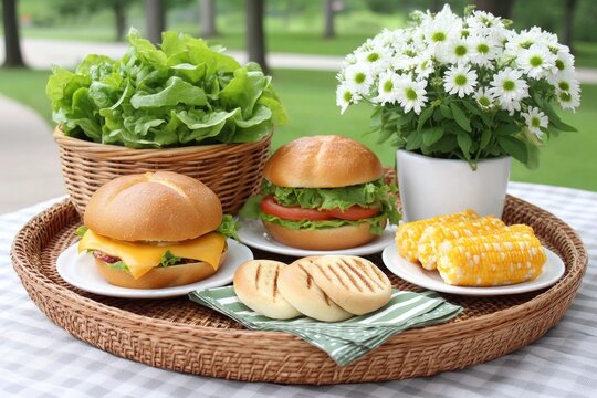 A picnic blanket setup with Fourth of July themed snacks and flag napkins
