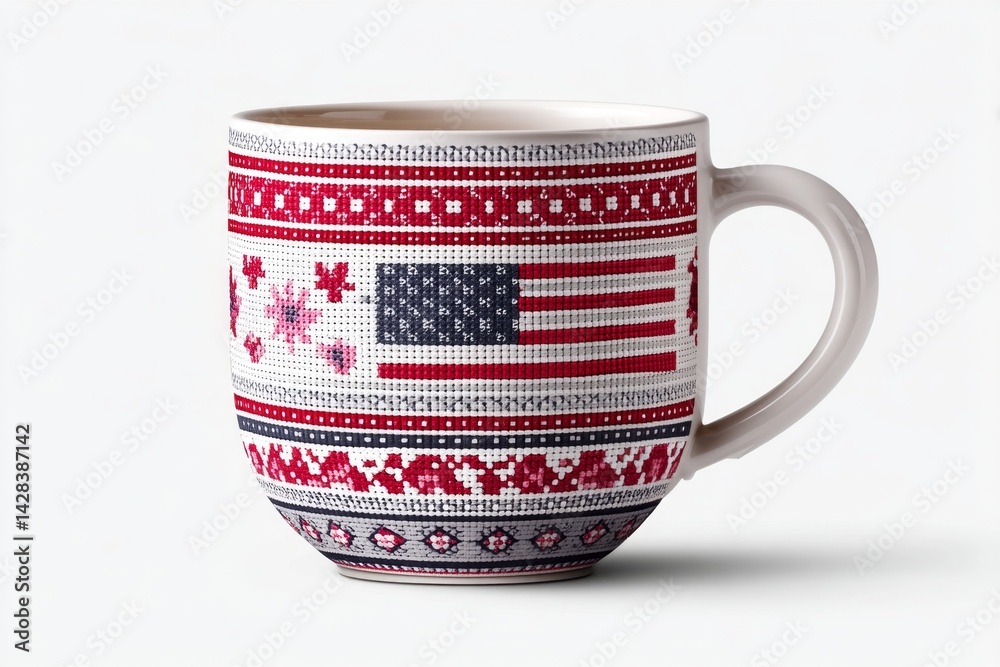 Poster A pixel art style coffee mug with blocky stars and flag pattern in retro video game palette