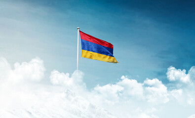 Armenia national flag with mast waving in beautiful sky. Armenia flag for Republic Day and Independence Day.
