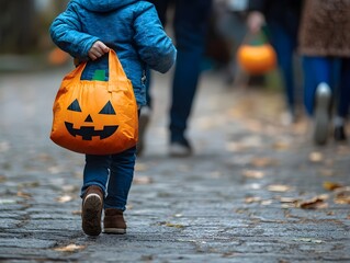 a child in jeans and a blue jacket walks with a Halloween bag on his shoulder