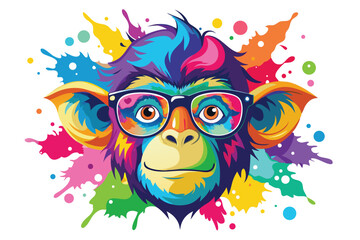 Colorful artistic  monkey  in with eyeglasses  colorful paint splatters on white background