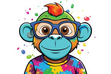 Colorful artistic  monkey  in with eyeglasses  colorful paint splatters on white background