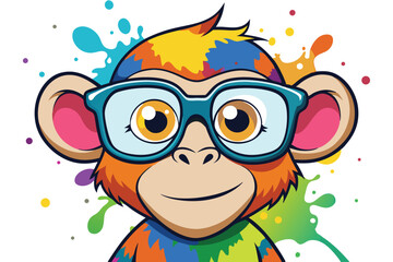 Colorful artistic  monkey  in with eyeglasses  colorful paint splatters on white background