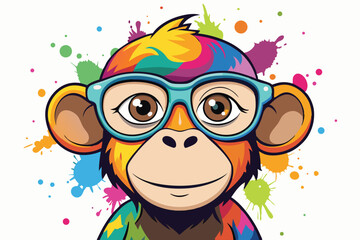 Colorful artistic  monkey  in with eyeglasses  colorful paint splatters on white background