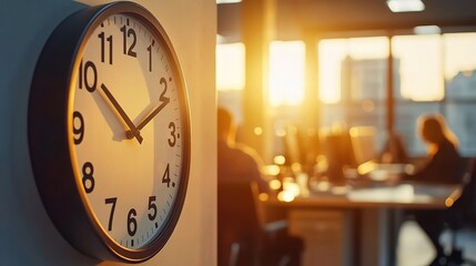 Naklejka premium The office has a clock on the wall, the staff work at their desks, and the afternoon sun shines through the windows.