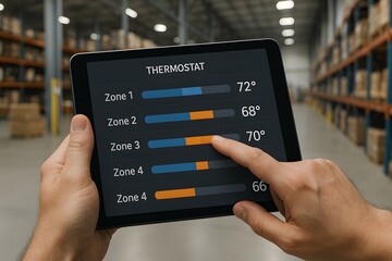Smart thermostat control in a warehouse setting with ambient temperature display.