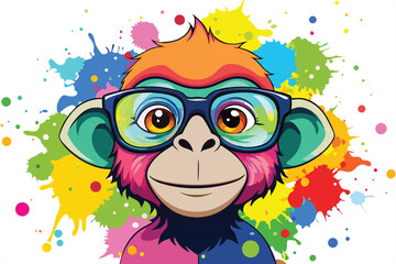 Colorful artistic  monkey  in with eyeglasses  colorful paint splatters on white background