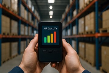 A person holds an air quality monitor in a warehouse, displaying color-coded levels of air quality on a digital screen.