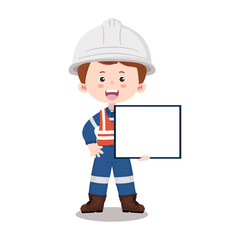  Smiling industrial engineer holding blank board, ready for message or safety announcement in cartoon illustration. Vector isolated on a white background.