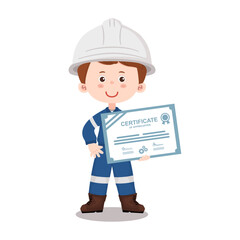  Smiling industrial engineer holding certificate of achievement, symbol of success and safety training recognition. Vector illustration isolated on a white background.