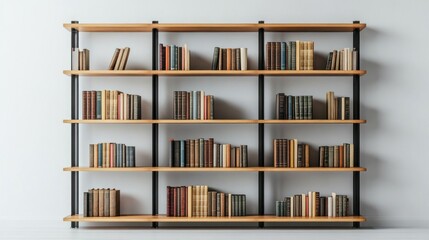 Wooden Bookshelf with Multiple Shelves Filled with Books