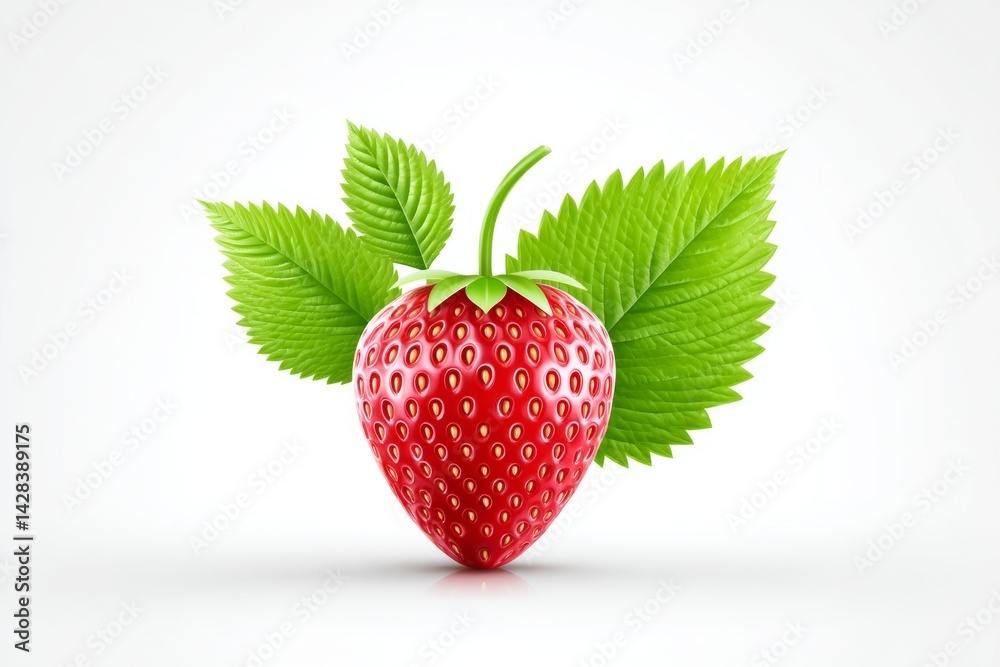 Poster a simple red strawberry icon with two tiny leaves on a white surface