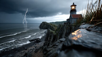 Stormy night with lightning strike near lighthouse on rocky coastline during heavy rainstorm