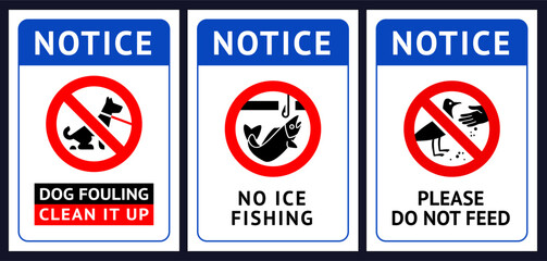 Prohibited label No dog fouling, No fishing, Do not feed birds, forbidding sticker set