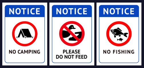 Prohibited label No camping, No fishing, Do not feed birds, forbidding sticker set
