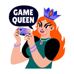 A game queen woman wearing crown, flat sticker 