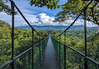 Fototapeta premium Scenic Suspension Bridge Over Lush Green Forest with Majestic Mountains in Background Under Clear Blue Sky and Fluffy White Clouds