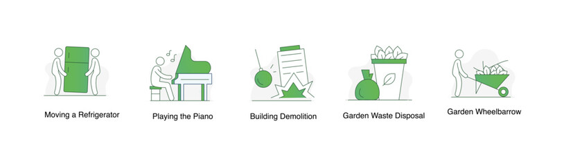 Demolition and Cleanup Tasks. Building Demolition, Garden Waste Disposal, Garden Wheelbarrow, Moving a Refrigerator, Playing the Piano
