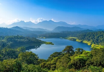 Obraz premium Scenic Lake Surrounded by Lush Green Forests and Majestic Mountains Under Clear Blue Sky in a Calm and Serene Natural Landscape