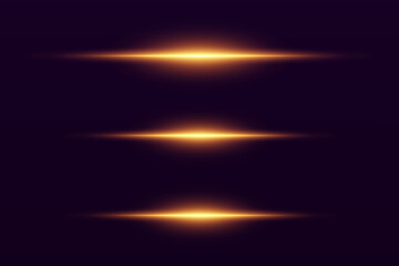 Collection of laser gold effects. Horizontal light line and neon flash.