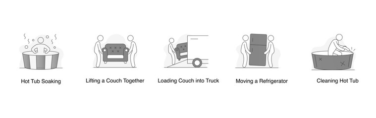 Home Relaxation and Comfort. Hot Tub Soaking, Cleaning Hot Tub, Lifting a Couch Together, Loading Couch into Truck, Moving a Refrigerator
