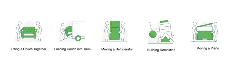 Furniture and Appliance Moving. Lifting a Couch Together, Loading Couch into Truck, Moving a Refrigerator, Moving a Piano, Building Demolition