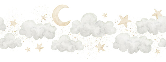 Watercolor sky Border with clouds, crescent moon, and scattered stars in pastel colors. Illustration of seamless Pattern for baby shower greeting cards or childish invitations. Frame for nursery. © Alisles