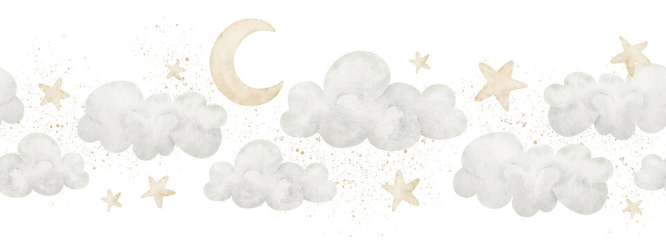 Fototapeta Watercolor sky Border with clouds, crescent moon, and scattered stars in pastel colors. Illustration of seamless Pattern for baby shower greeting cards or childish invitations. Frame for nursery.