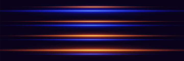 Set of light neon line effects. Horizontal effect of laser light beams.