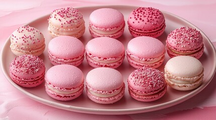 Fototapeta premium Delicious Colorful Pink Macarons Beautifully Arranged On A Pink Plate