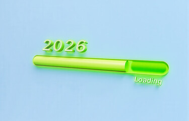 2026 loading bar in green progress on blue backdrop, futuristic technology concept countdown to new year, modern digital design background