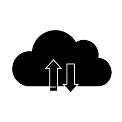 Cloud Storage Icon Silhouette – Black Vector Symbol of Cloud with Up and Down Arrows Representing Data Upload, Download, Backup, Sync, and Online File Transfer PNG