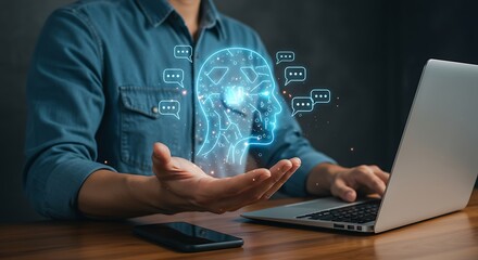 Harnessing artificial intelligence: Man interacting with digital AI on laptop