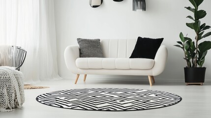 Round black and white patterned rug in a modern living room