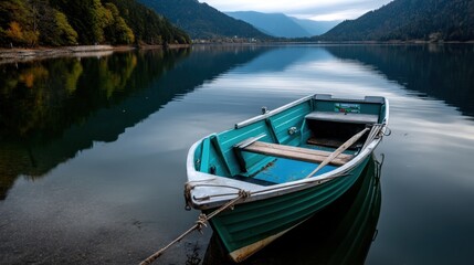 Small wooden boat moored on a serene mountain lake with calm reflective water and forested hills in the background
