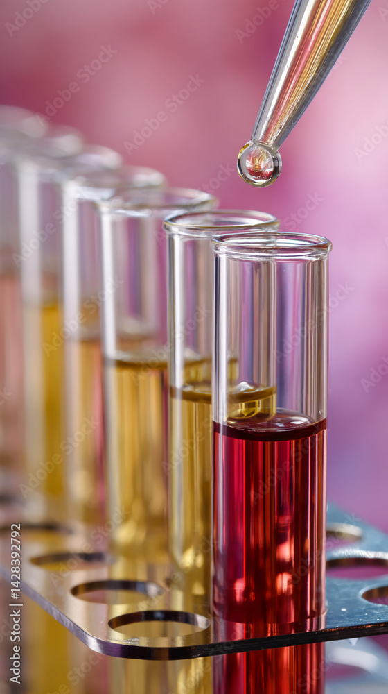 Poster close-up of test tubes with colored liquids, a pipette dropping liquid into one, showcasing a scient
