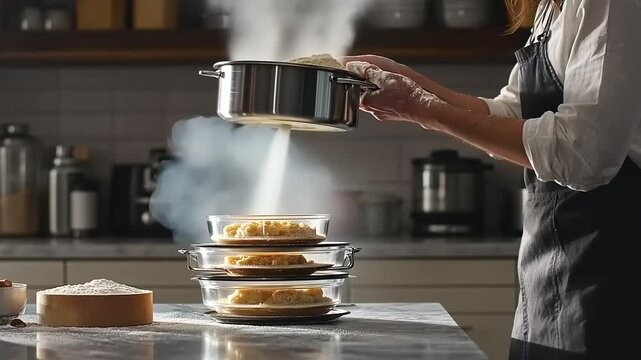 Elegant kitchen scene: Woman delicately sieving flour for artisanal dessert preparation