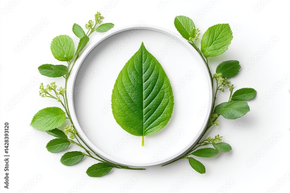 Poster minimalist green leaf inside a circular go green symbol with clean line art