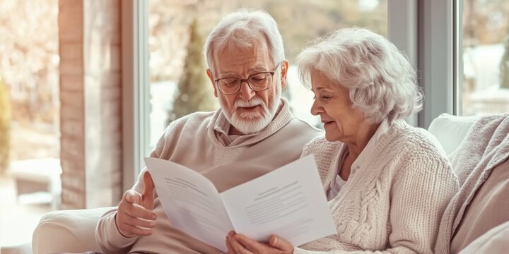 An elderly couple sits in their living room comfortably looking at a brochure about reverse mortgages. The man wears glasses and points to the brochure, and the woman nods