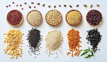 The wooden bowls are filled with beans, some of which are scattered on a white background with green leaves.