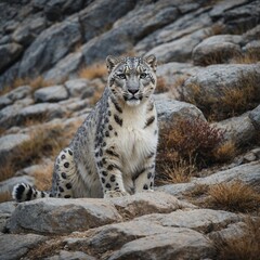 Fototapeta premium Snow Leopard Blending in With the Rocky Terrain
