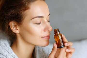 Fototapeta premium Woman smelling essential oil bottle close up