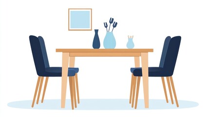 Dining room scene with a wooden table and upholstered chairs